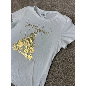 Disney Walt Disney World Gold Foil‎ Castle Rhinestone White T-Shirt Womens XL